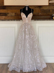 A line sequin long prom dress, Champagne sequin evening dress
