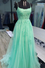 A Line Mint Green Lace Long Prom Dresses, Mint Green Lace Formal Graduation Evening Dresses