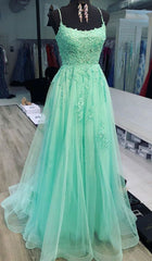 A Line Mint Green Lace Long Prom Dresses, Mint Green Lace Formal Graduation Evening Dresses