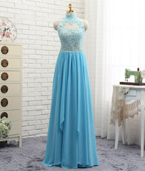 A Line High Neck Open Back Lace Chiffon Ruffles Blue Long Prom Dresses, Blue Lace Formal Dresses, Blue Lace Graduation Dresses