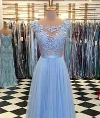 A Line Round Neck Blue Lace Appliques Tulle Long Prom Dresses, Blue Lace Graduation Dresses, Blue Evening Formal Dresses