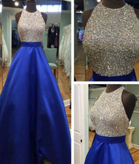 A Line Round Neck Sequins Backless Royal Blue Prom Dresses, Royal Blue Formal Dresses, Backless Royal Blue Evening Dresses