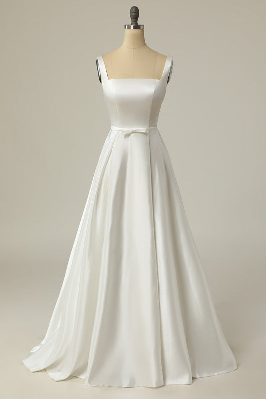 Simple A Line Square Neck White Long Wedding Dress